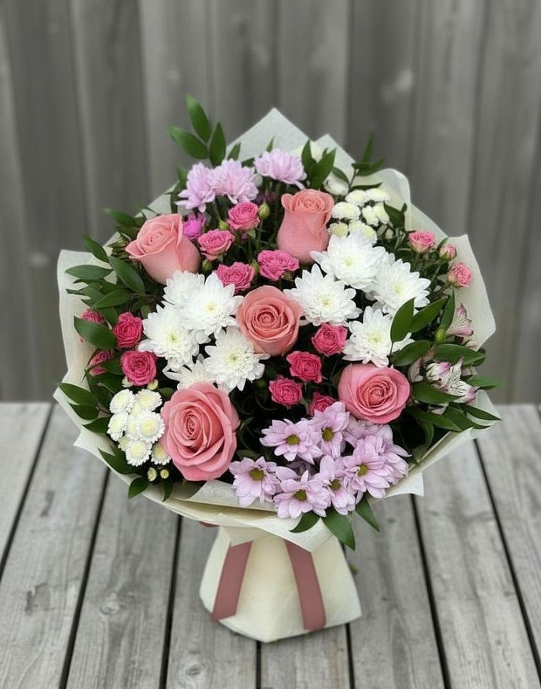 Букет цветов из: Альстромерии, Гвоздики, Розы и Хризантемы в Захарово Раменского района