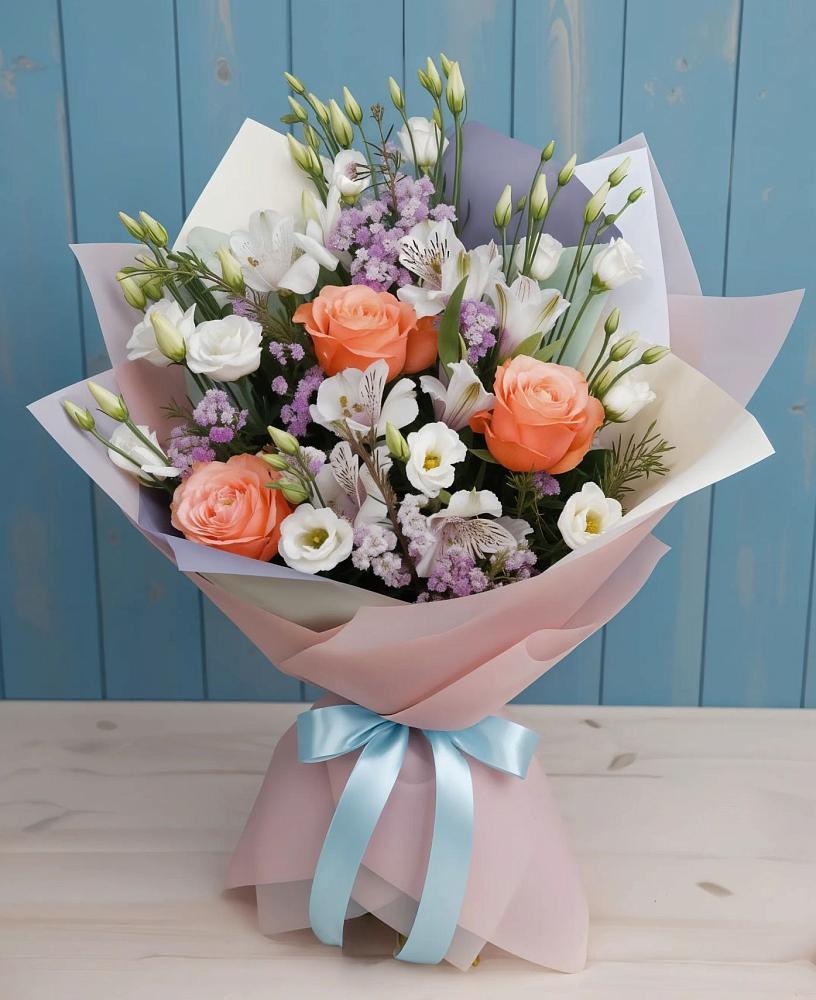 Букет цветов из: Лизиантусы, Розы, Альстромерии и Гипсофила в Захарово Раменского района