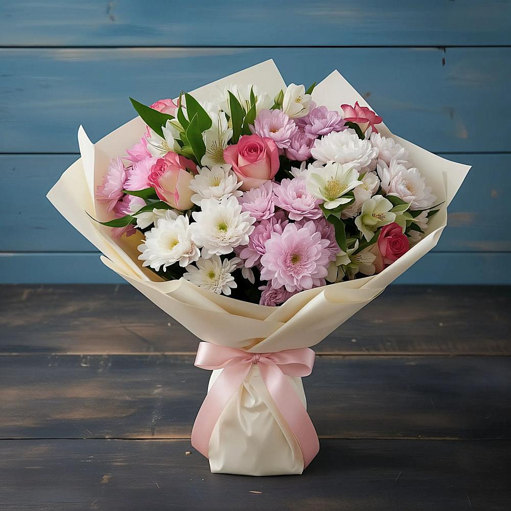 Букет цветов из: Хризантемы, Альстромерии и Розы в Захарово Раменского района